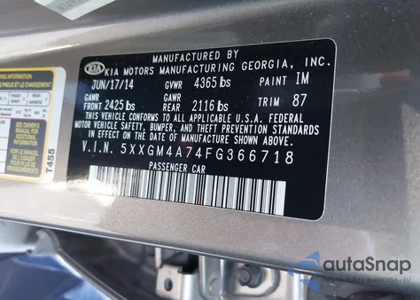 2015 Kia Optima Lx z USA, uszkodzony, nr VIN 5XXGM4A74FG366718